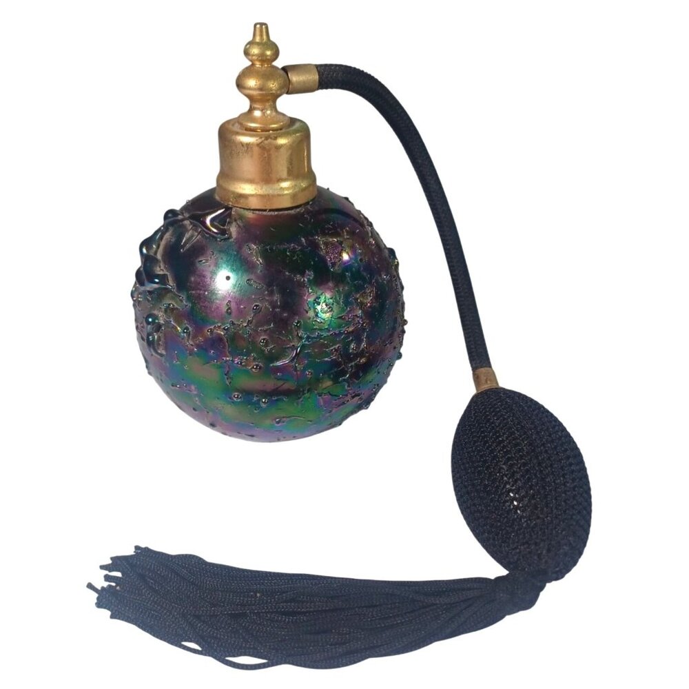 Vintage Amethyst Iridescent Carnival Art Glass Perfume Atomizer IW Rice  Tassel